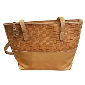 BRAHMIN Woven Leather‎ Tote Tan Satchel Purse Classic American Heritage